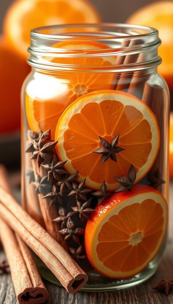 Create an image of a simmer pot jar filled with cinnamon sticks, orange slices, and cloves.