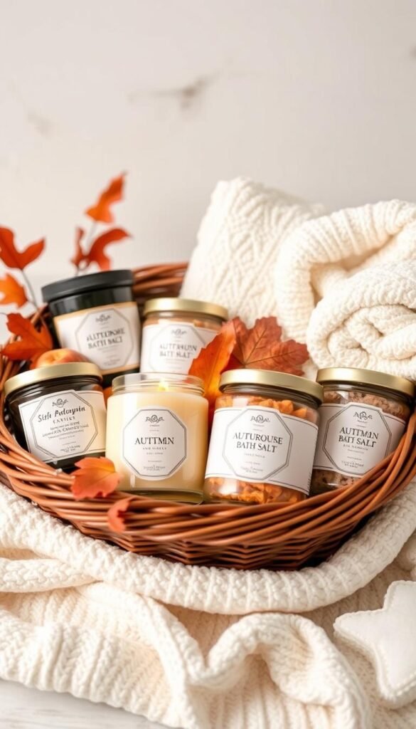 Create an image of a spa gift basket with fall-scented candles, bath salts, and plush towels.
