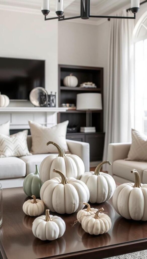 Create an image of a stylish living room with a monochromatic pumpkin display on a coffee table.