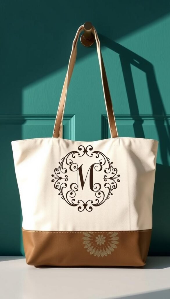 Create an image of a stylish monogrammed market tote bag with a personalized initial.