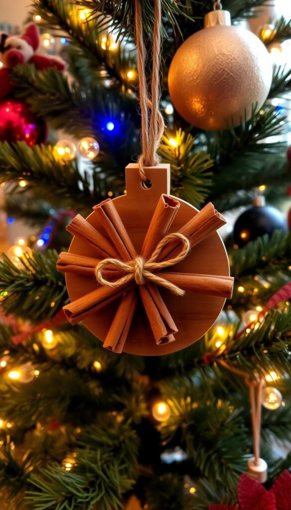 Create an image of a wooden ornament with cinnamon sticks tied to it, hung on a Christmas tree.