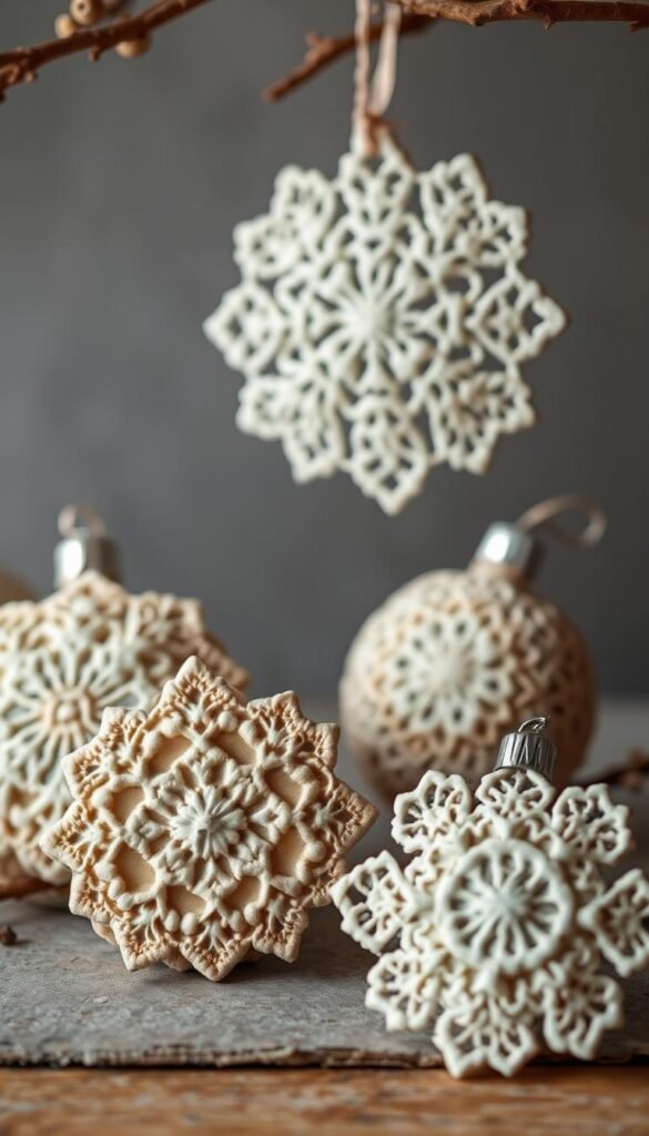 Create an image of air dry clay ornaments with antique lace details