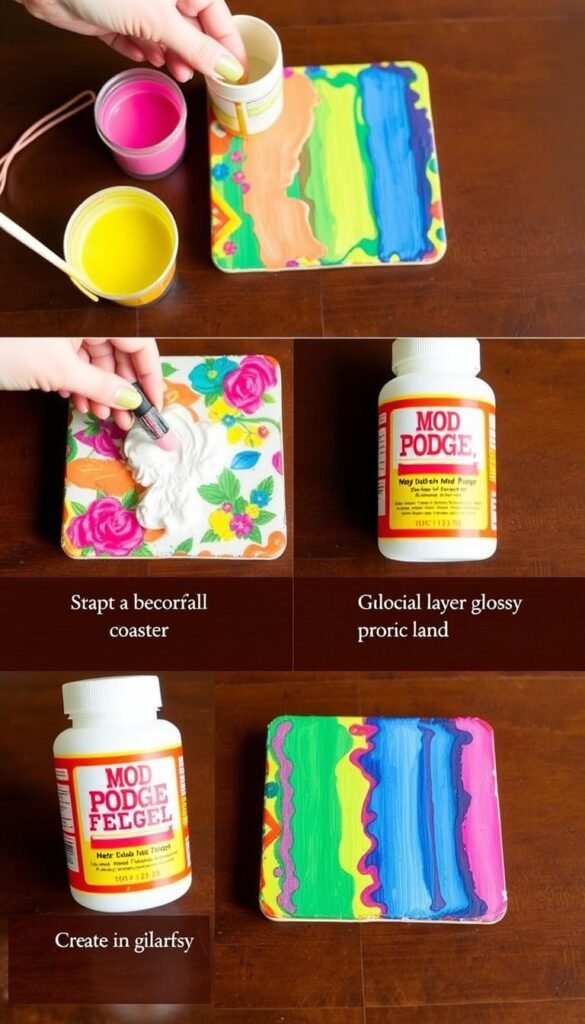 Create an image of coasters being decorated with paint and Mod Podge