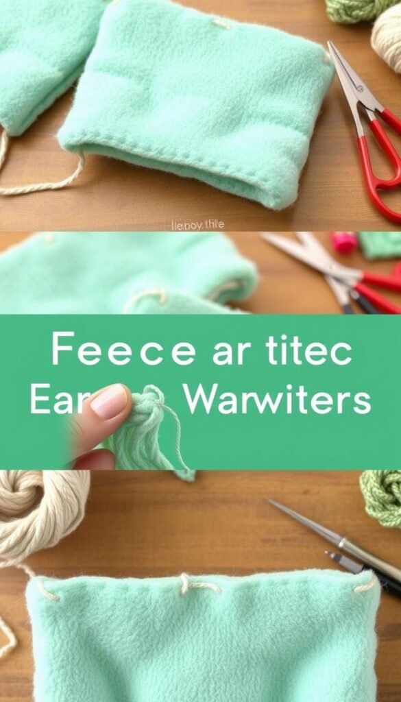 Create an image of fleece ear warmers being sewn together with a simple running stitch.