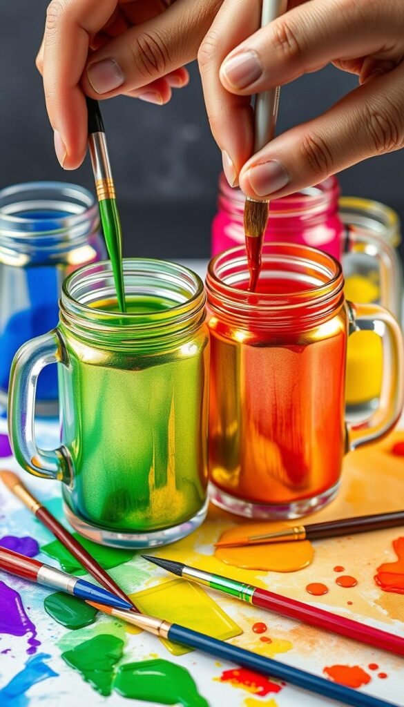 Create an image of glass mugs being painted with metallic paint, with various colors and brushes nearby.