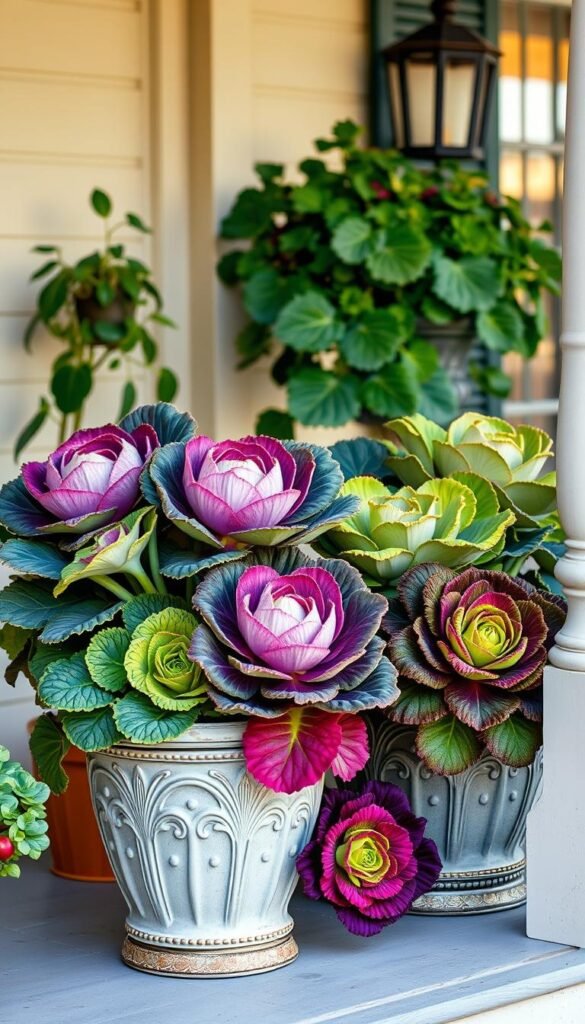 Create an image of ornamental cabbage and kale planters on a porch.