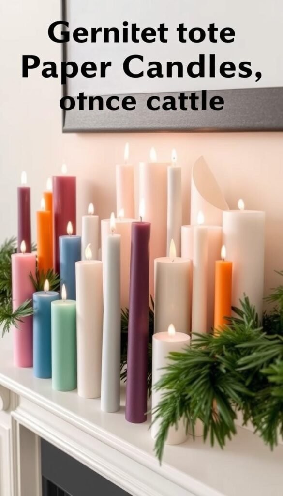 Create an image of paper candles in different colors and sizes on a mantelpiece.