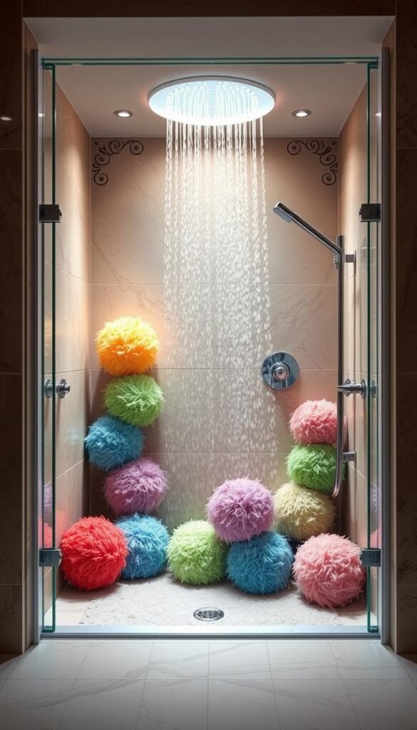 Create an image of shower steamers in various colors and a shower setting.