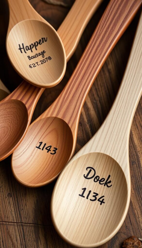Create an image of stamped wooden spoons with a personalized message.
