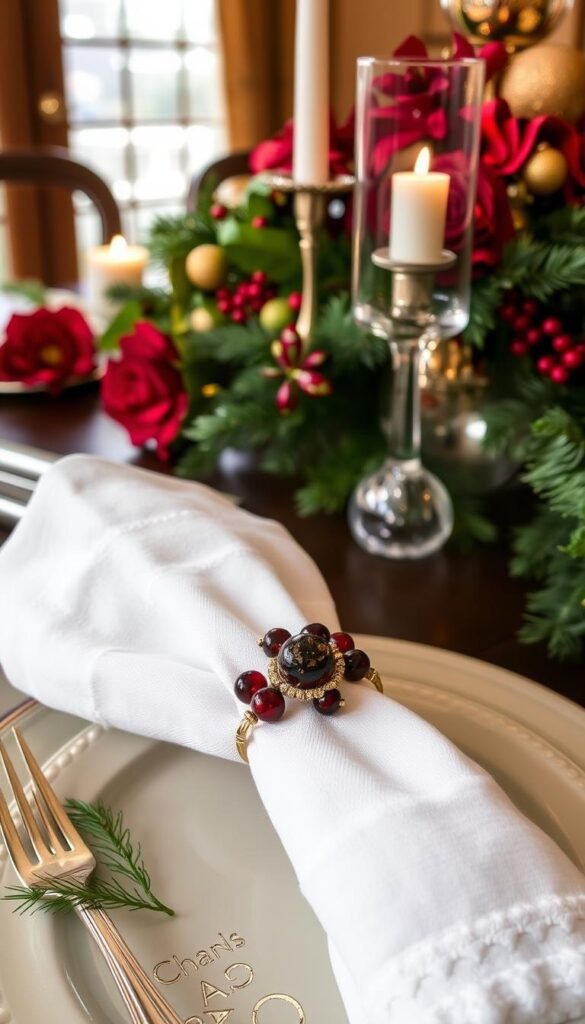 Display a set of elegant napkin rings adorned with jewel-toned beads and metallic wire, placed on a beautifully set holiday table.