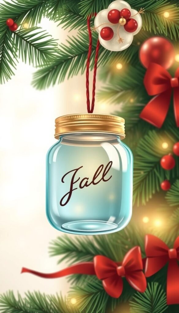 Display an image of a Mason jar lid ornament hanging on a Christmas tree.