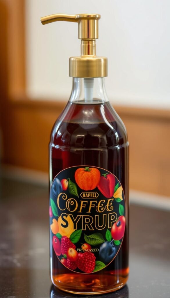 Flavored coffee syrup in a glass bottle with a gold pump and flavor label