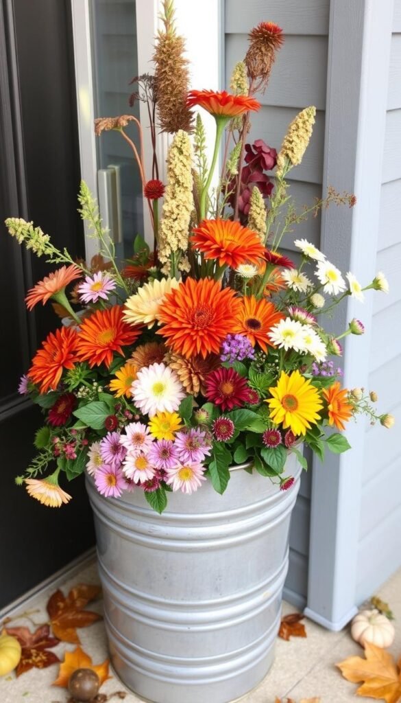 Galvanized metal planter with fall flowers
