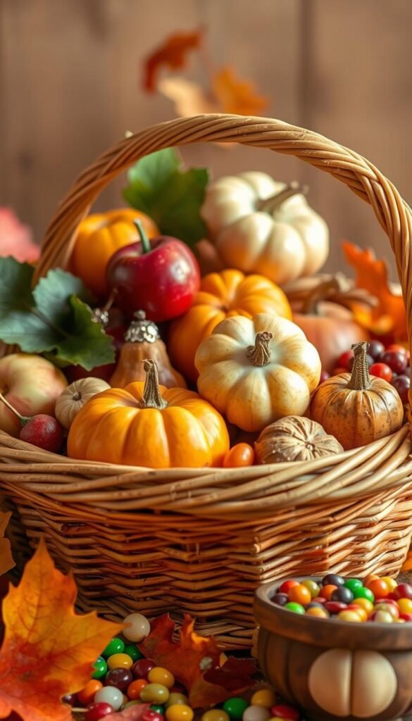 Generate an image of a basket filled with a mix of fresh autumn fruits and assorted sweets.