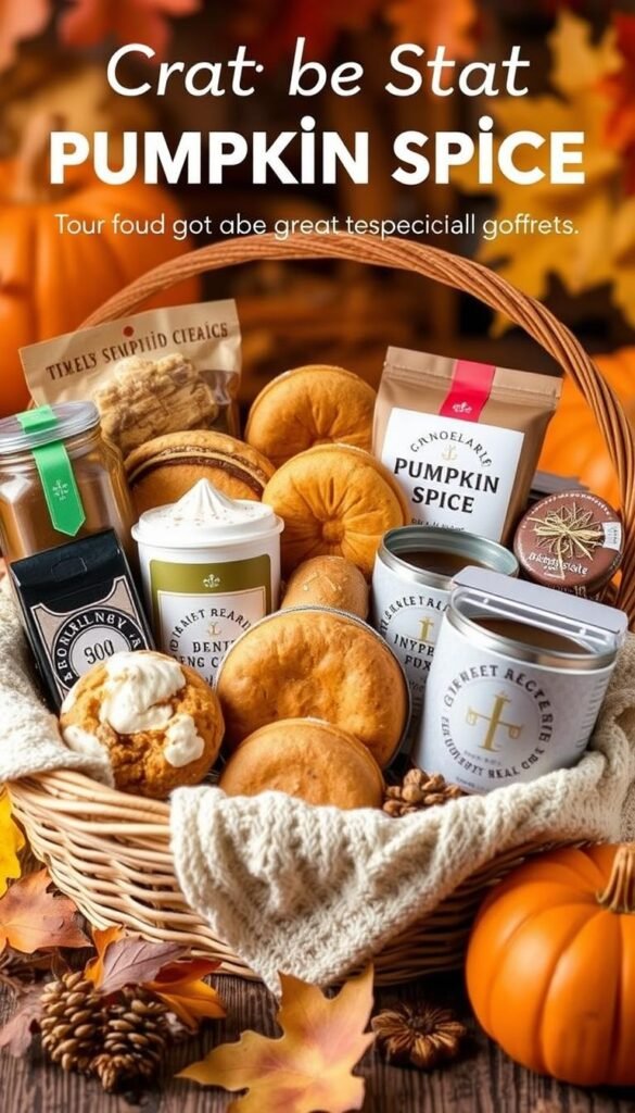 Generate an image of a basket filled with pumpkin spice-flavored treats, including cookies and specialty coffees.