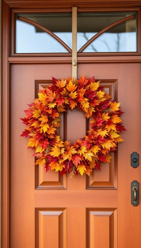 Generate an image of a beautiful autumn leaf wreath on a front door.