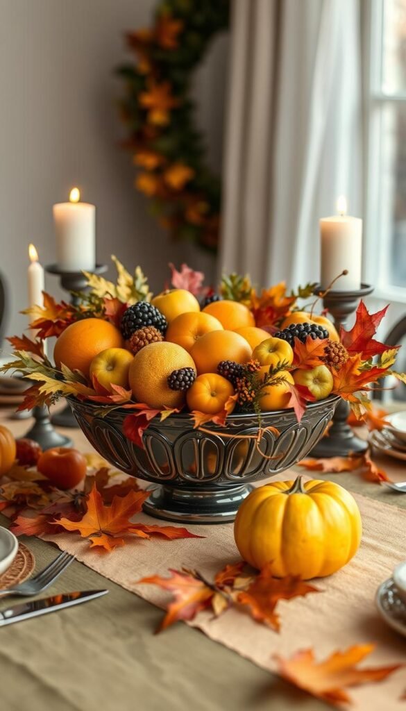 Generate an image of a beautiful fall table setting with a fruit bowl centerpiece