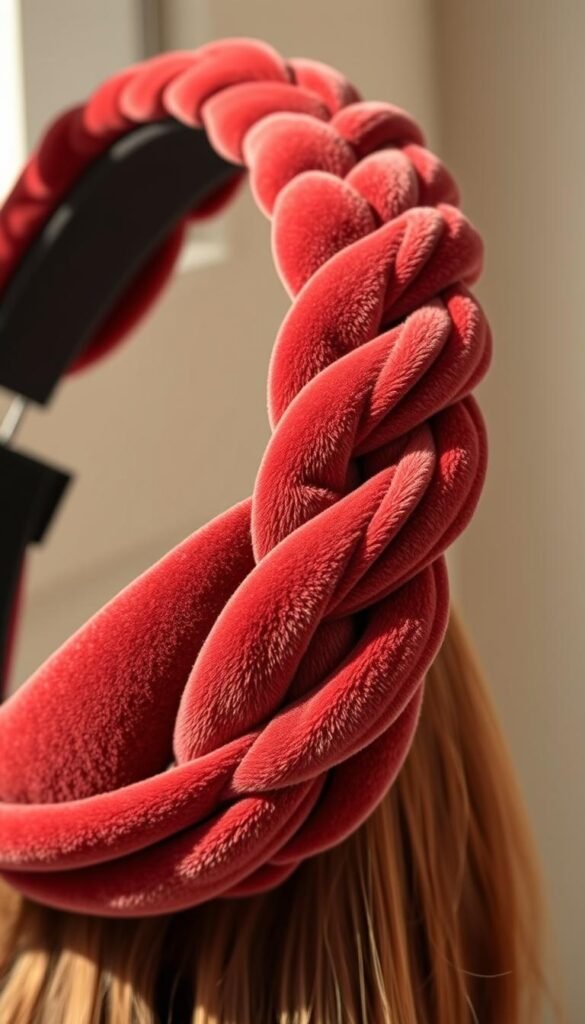 Generate an image of a beautiful velvet headband with a braided design.