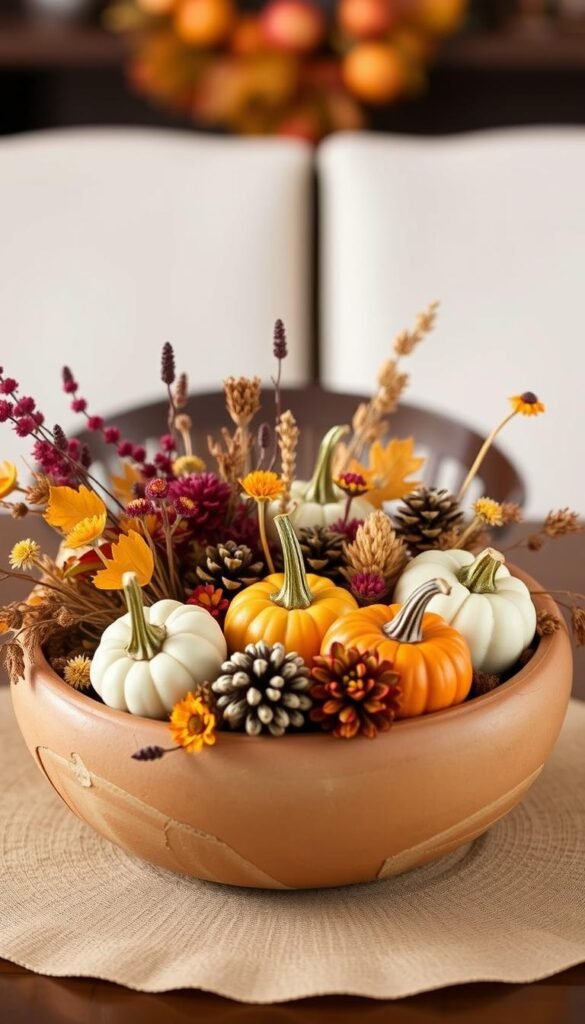 Generate an image of a beautifully arranged dough bowl centerpiece with fall elements like mini pumpkins, pinecones, and dried flowers.