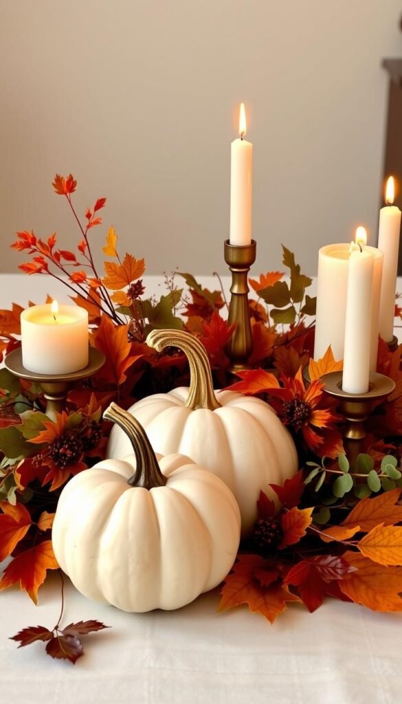 Generate an image of a beautifully arranged white pumpkin centerpiece with candles and fall foliage.