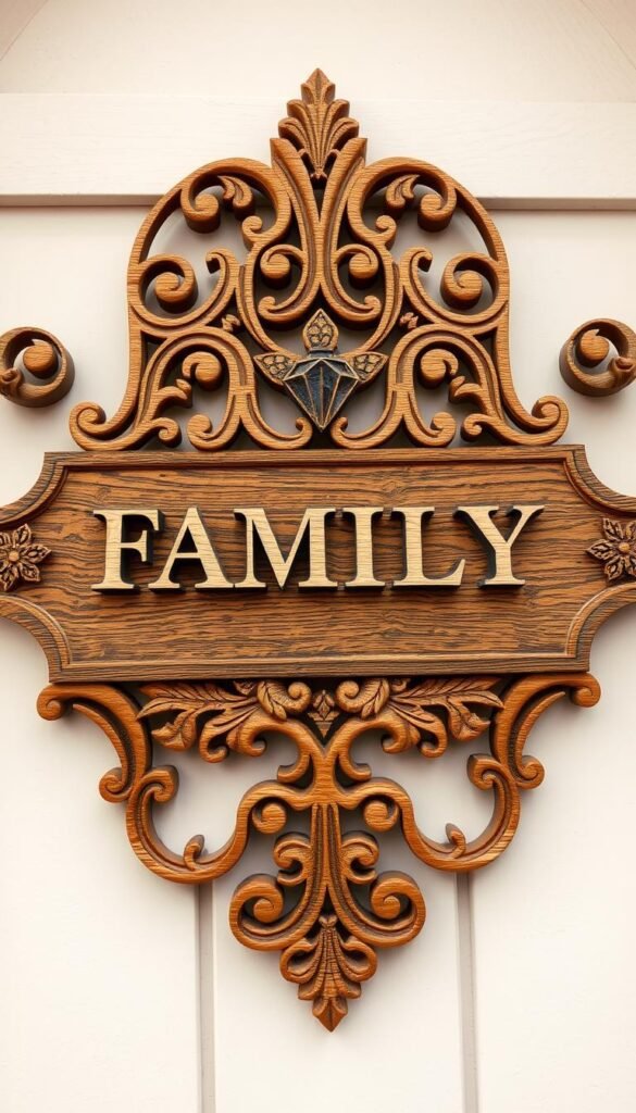 Generate an image of a beautifully crafted wooden house nameplate with a family name.
