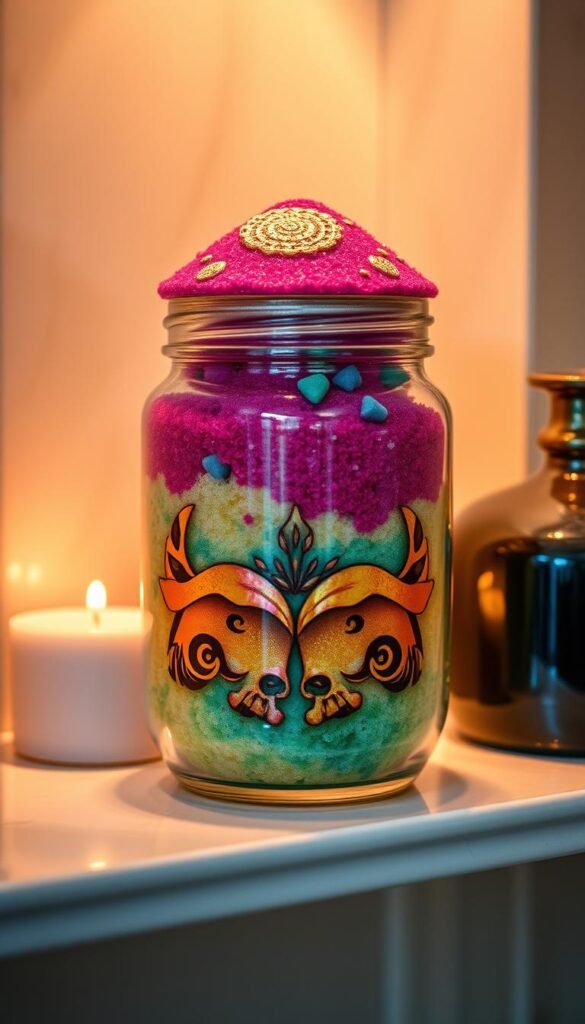 Generate an image of a beautifully decorated jar filled with colored sugar scrub and topped with intricate sand art, placed on a bathroom shelf.