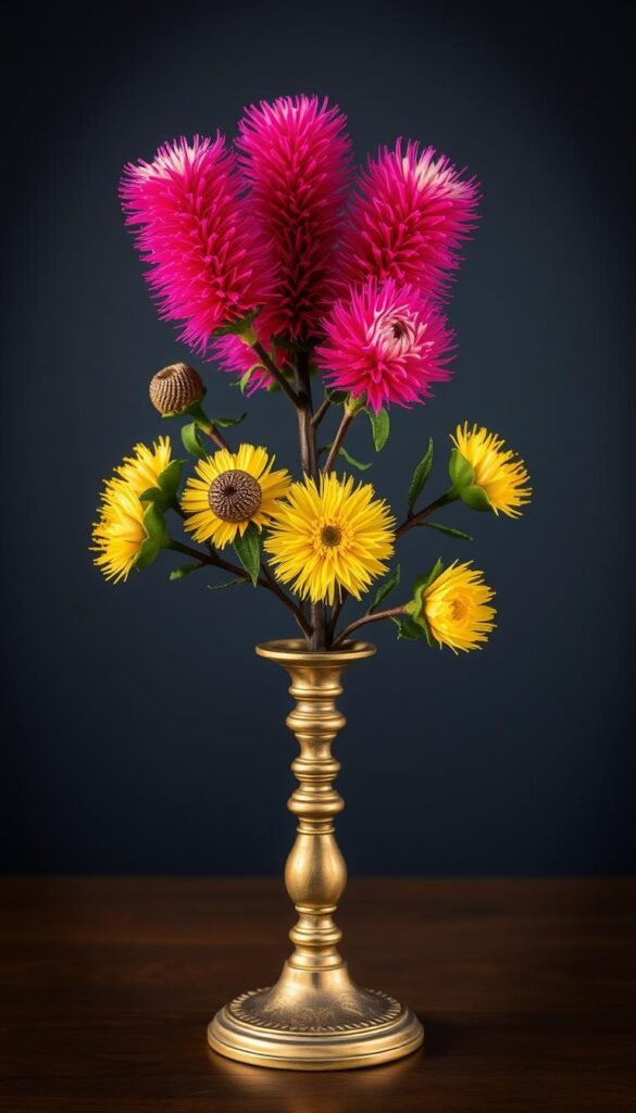 Generate an image of a bottlebrush tree arrangement in a brass candlestick