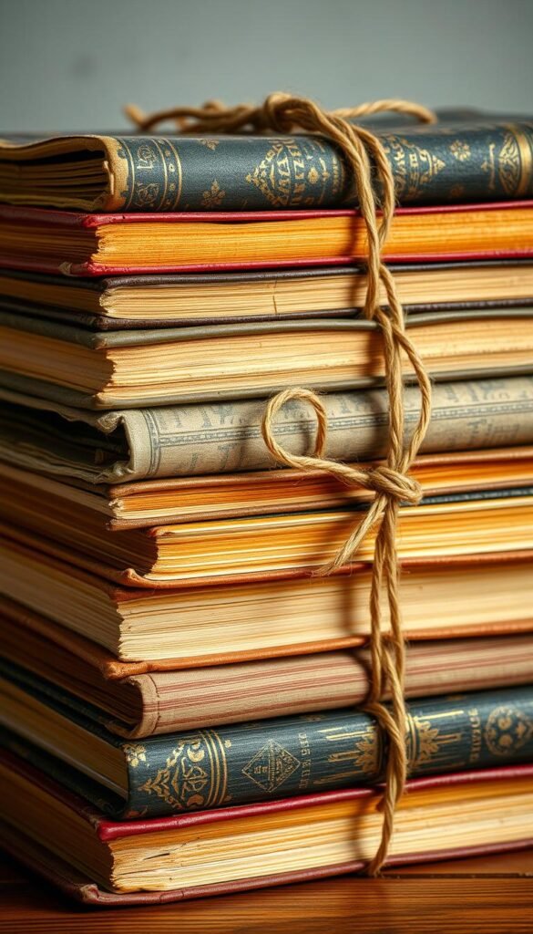Generate an image of a bundle of old, distressed books tied with twine.