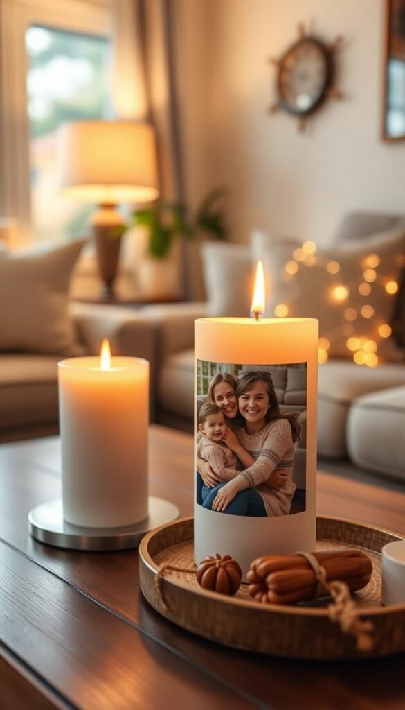 Generate an image of a candle with a transferred family photo on it, lit and placed on a cozy living room table.