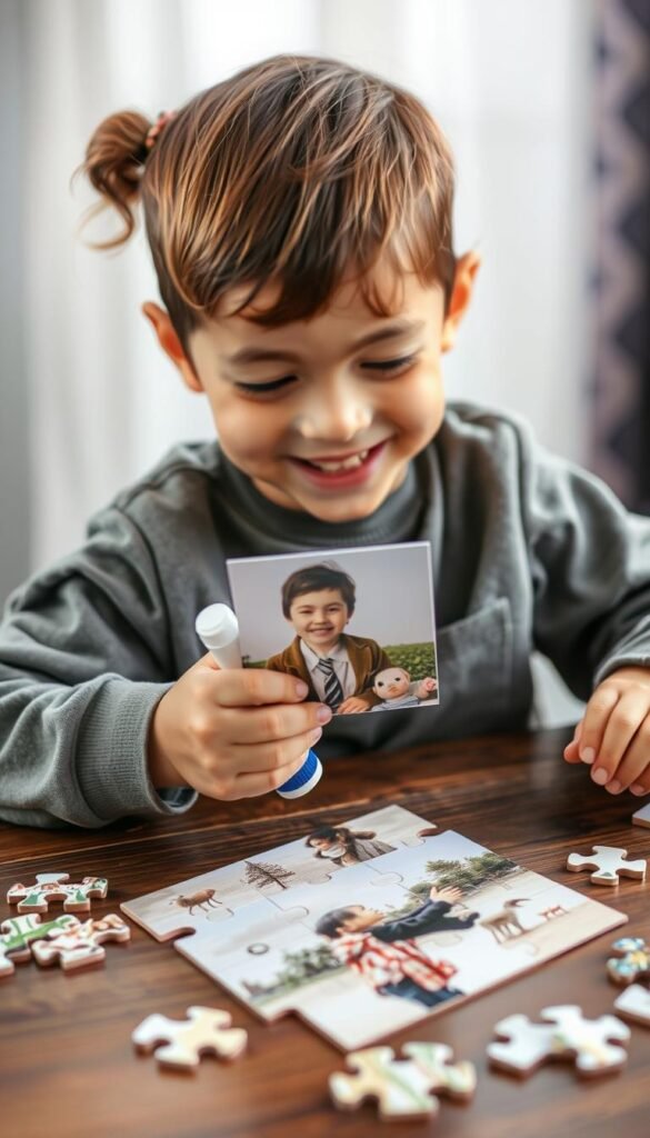 Generate an image of a child gluing a printed photo onto cardboard, cutting it into puzzle pieces, and smiling as they assemble the puzzle.