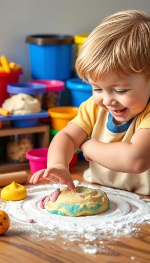 Generate an image of a child kneading homemade play dough on a floured surface, with a container of colorful dough in the background.