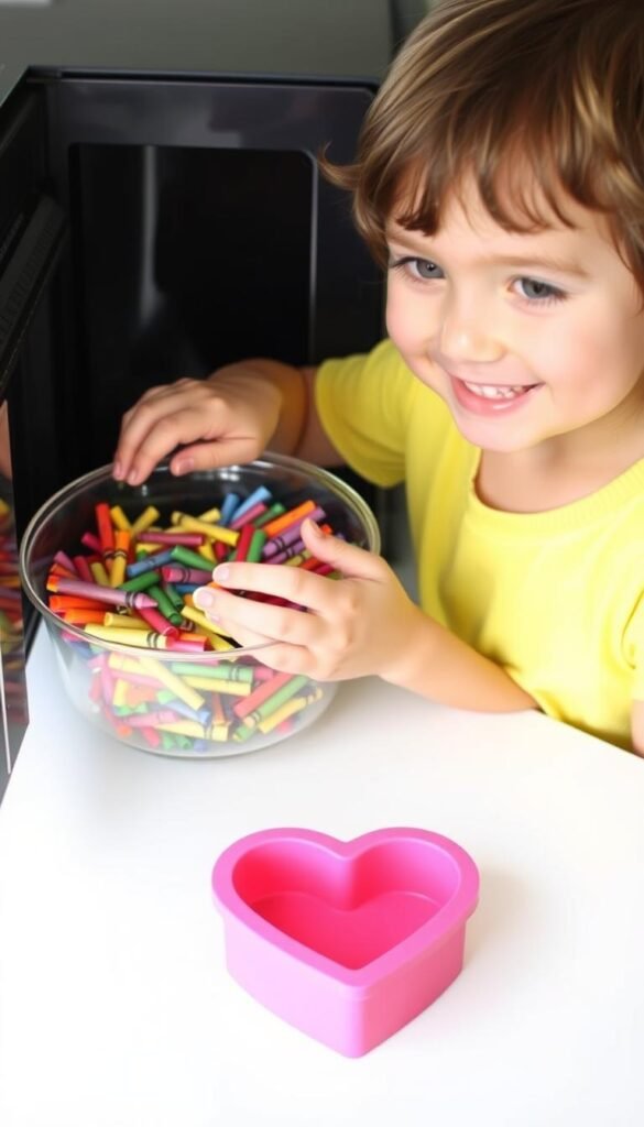 Generate an image of a child melting crayons in a microwave-safe container and pouring the wax into a heart-shaped silicone mold.