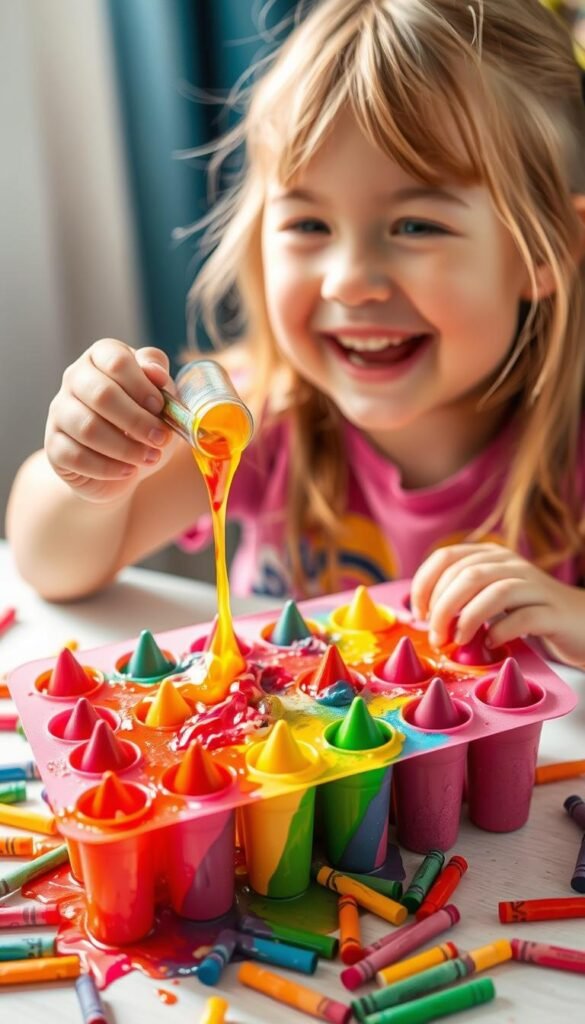 Generate an image of a child melting crayons in a silicone mold to create rainbow-colored crayons.