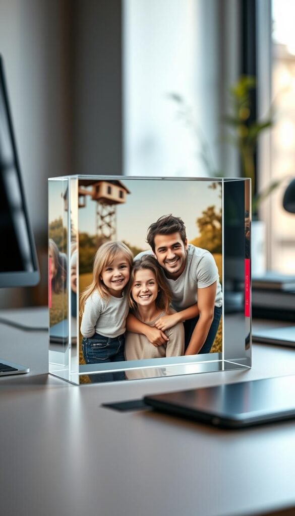 Generate an image of a clear acrylic block with a family photo inside, placed on a modern office desk.
