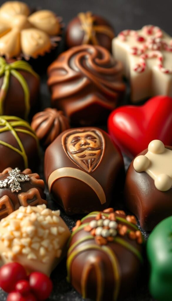 Generate an image of a collection of premium chocolates in seasonal shapes and flavors.
