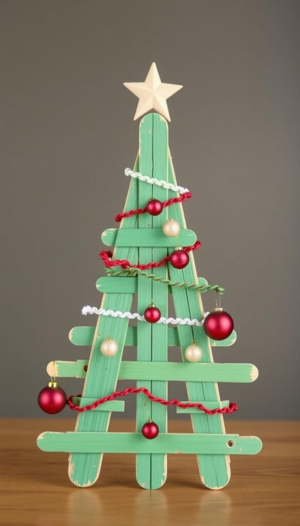 Generate an image of a craft stick Christmas tree decorated with rickrack and mini ornaments.