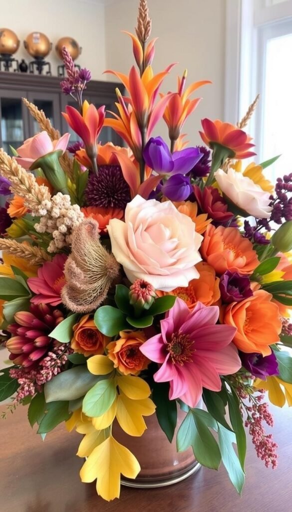 Generate an image of a fall floral arrangement with a mix of fresh and faux flowers.