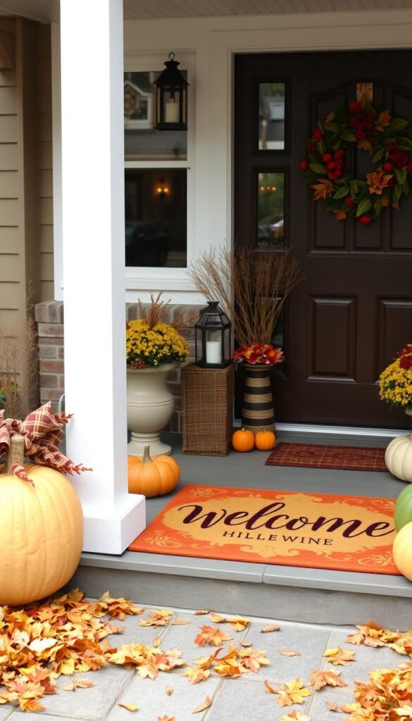 Generate an image of a fall-themed welcome mat on a porch.
