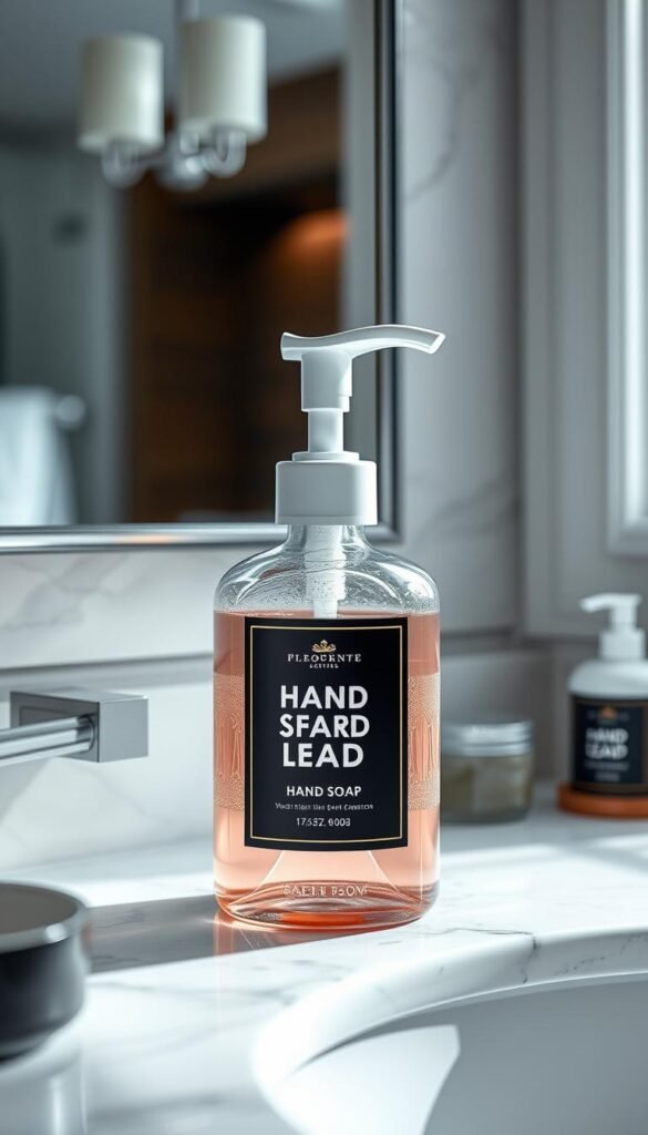 Generate an image of a foaming hand soap dispenser with a custom label, placed on a bathroom counter.