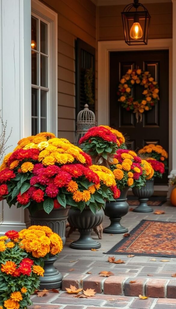 Generate an image of a front porch with decorative planters filled with fall mums.