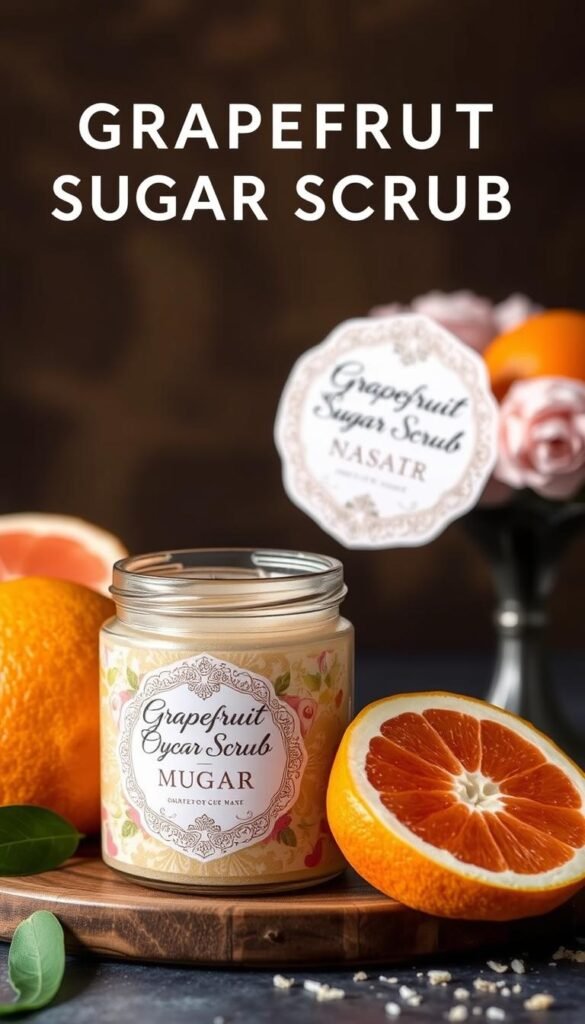 Generate an image of a grapefruit sugar scrub in a jar with a decorative label.