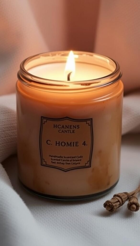 Generate an image of a handmade scented candle with a soft glow