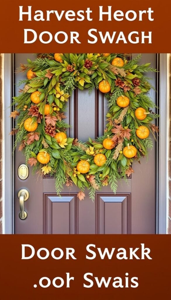 Generate an image of a harvest-inspired door swag on a front door.