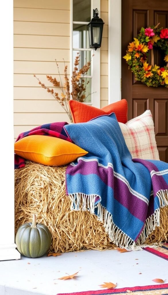 Generate an image of a hay bale with throw blankets and pillows on a fall porch