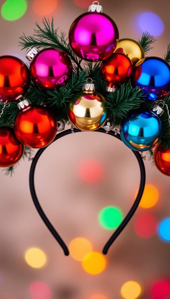 Generate an image of a holiday headband decorated with Christmas baubles.