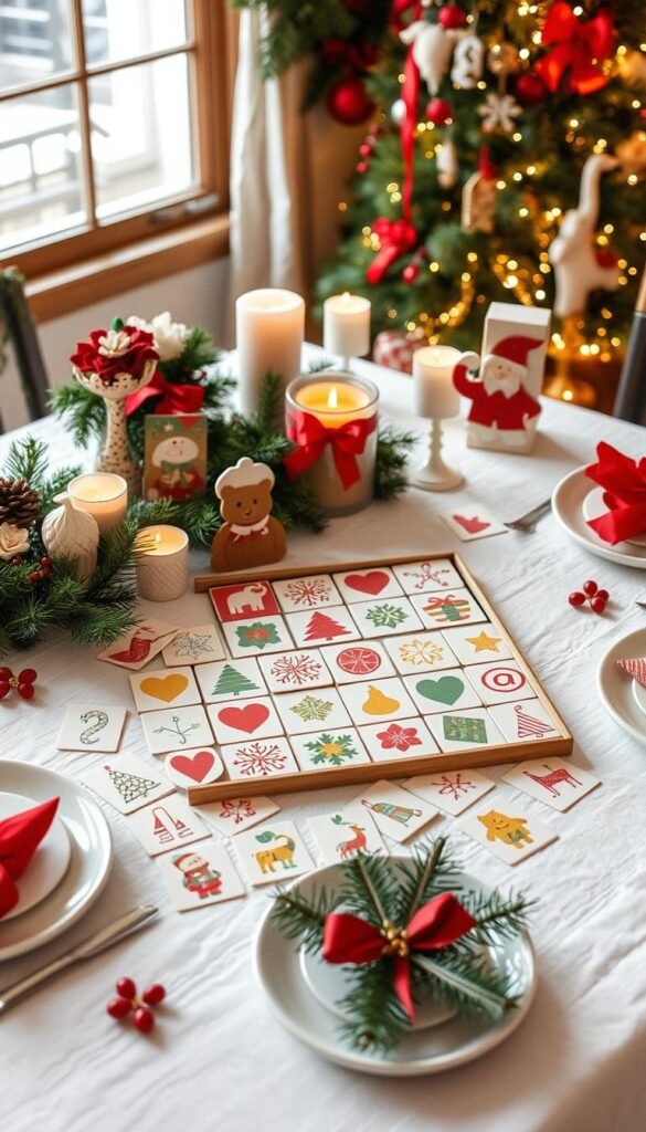 Generate an image of a holiday-themed memory game laid out on a table.