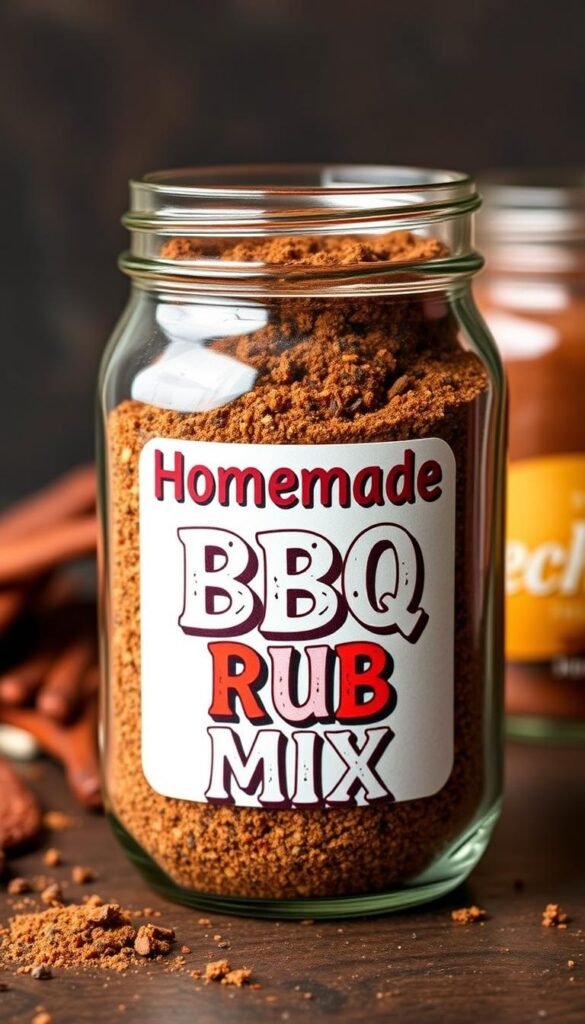 Generate an image of a jar filled with a custom BBQ rub mix, with a label that says "Homemade BBQ Rub Mix".