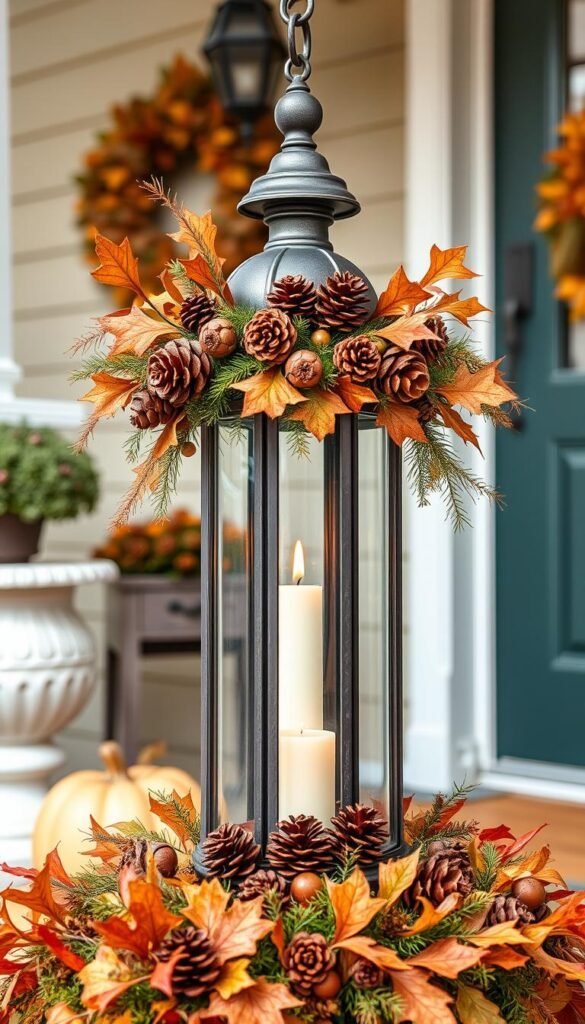 Generate an image of a lantern filled with fall elements like pinecones and acorns on a porch.