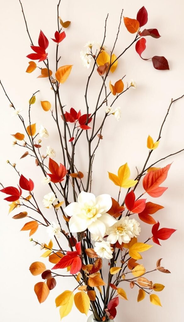 Generate an image of a modern fall decor with natural elements like branches, flowers, and leaves.