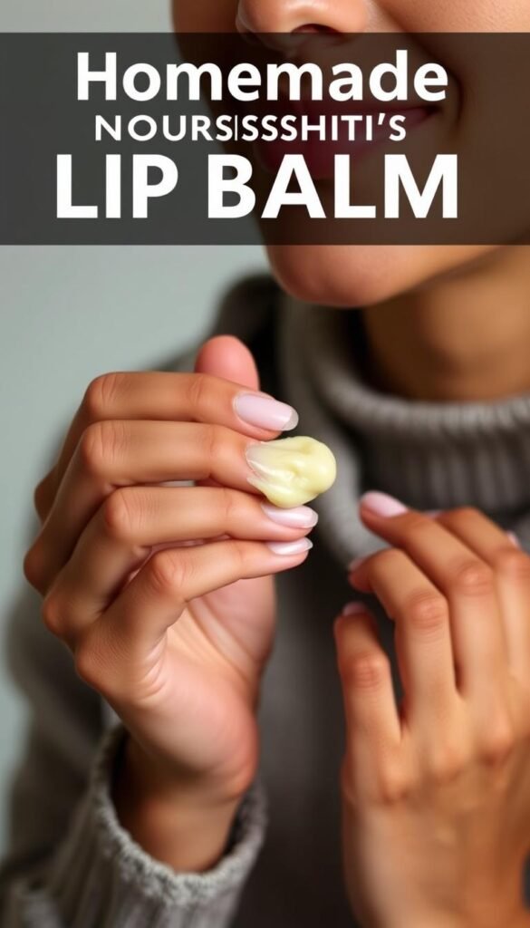 Generate an image of a person applying homemade nourishing lip balm